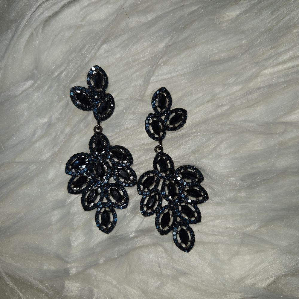 Chandelier Navy Black Rhinestone Vintage Earrings - Picture 4 of 4